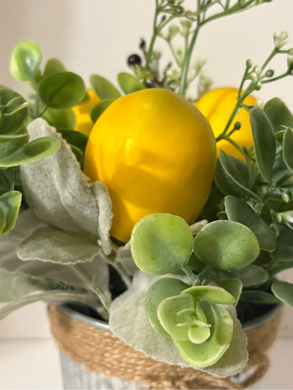 Artificial Eucalyptus & Lemon Arrangement Centerpiece in Galv Metal Pot Cottage